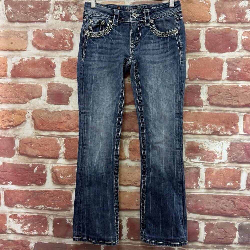 Miss Me Slim Bootcut Jeans Women's 26 Blue Fleur De Lis Rhinestone Denim Pants - Picture 8 of 10